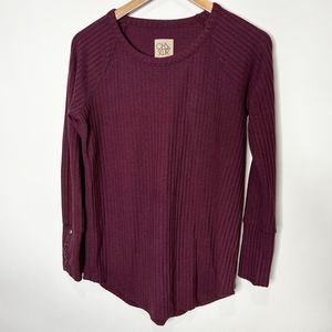 Chaser Waffle Knit  Thermal Long Sleeve Purple Crew Neck Button Cuffs Women's M